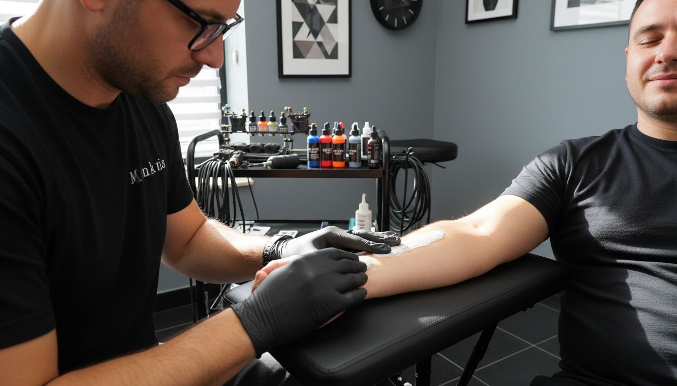 Tattoo artist applying anesthetic cream to arm