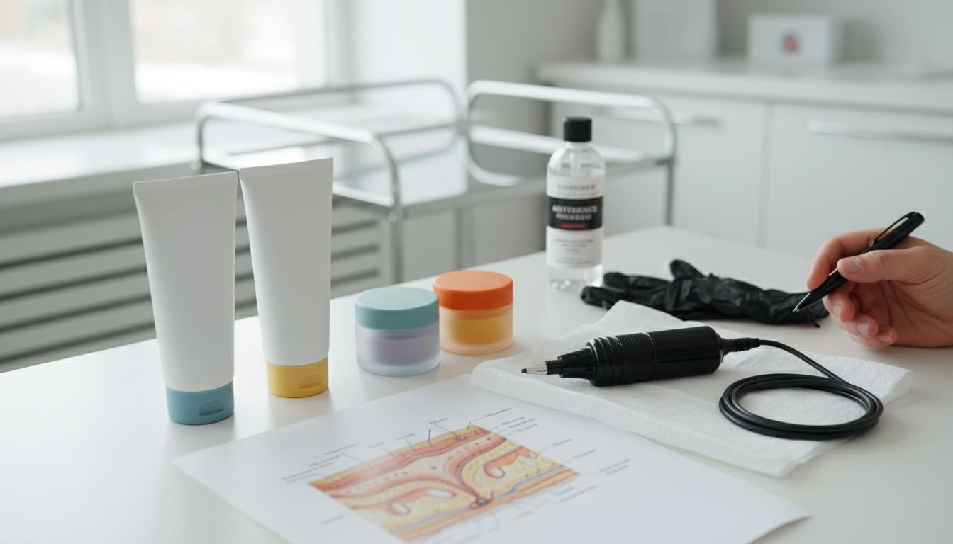 Anesthetic creams and tattoo machine on clinical counter