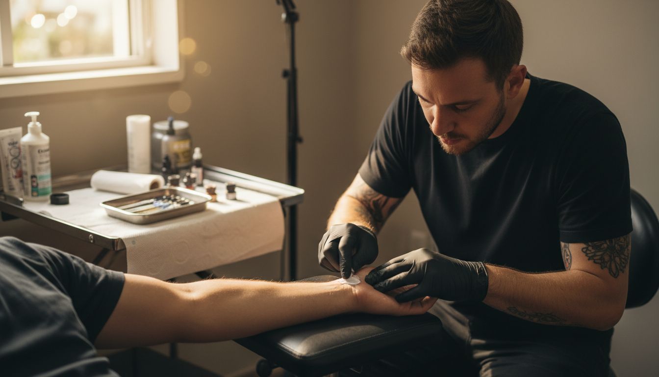 Tattoo artist applying anesthetic cream