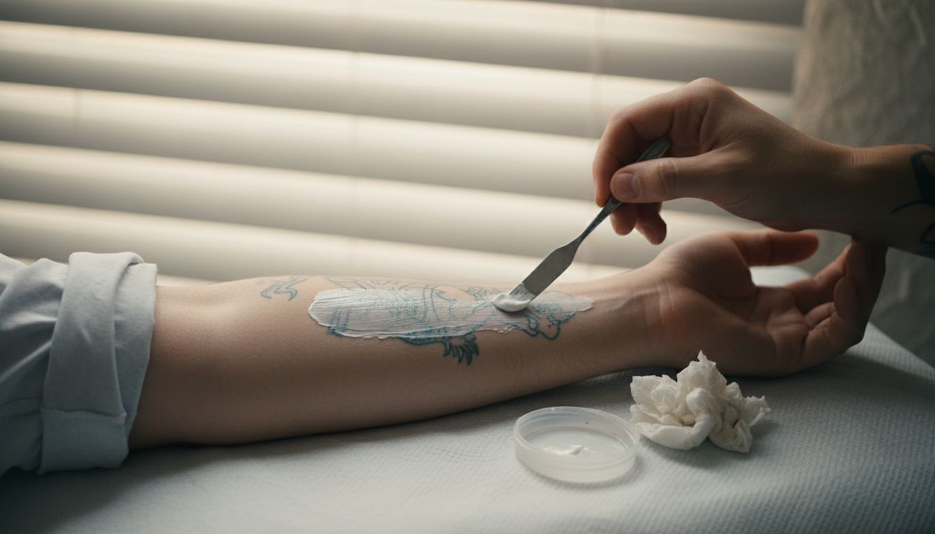 Applying thin anesthetic cream layer before tattoo