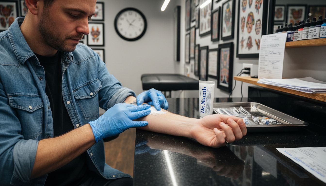 Tattoo artist applying anesthetic cream to forearm