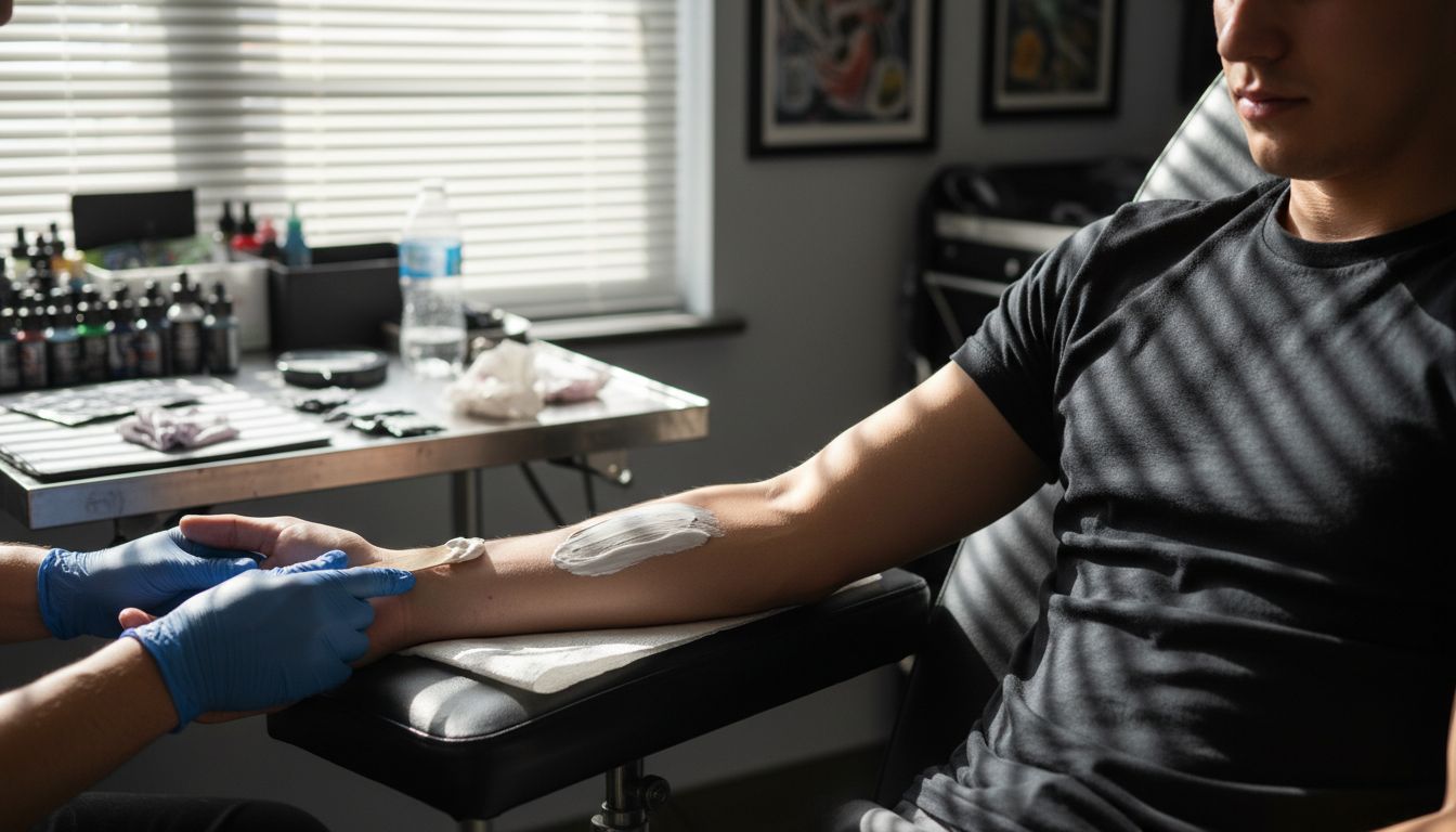 Tattoo artist applying numbing cream on arm