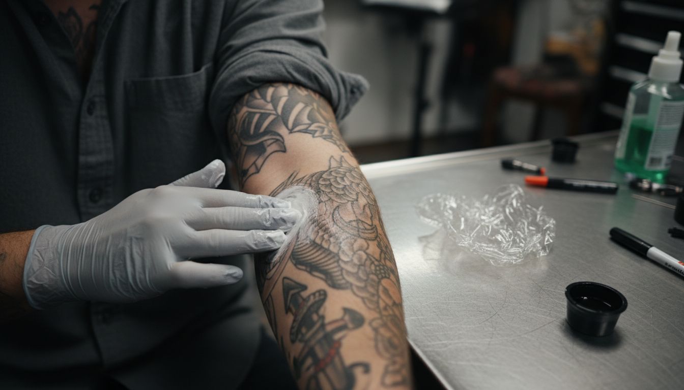 Hand applies anesthetic cream to forearm