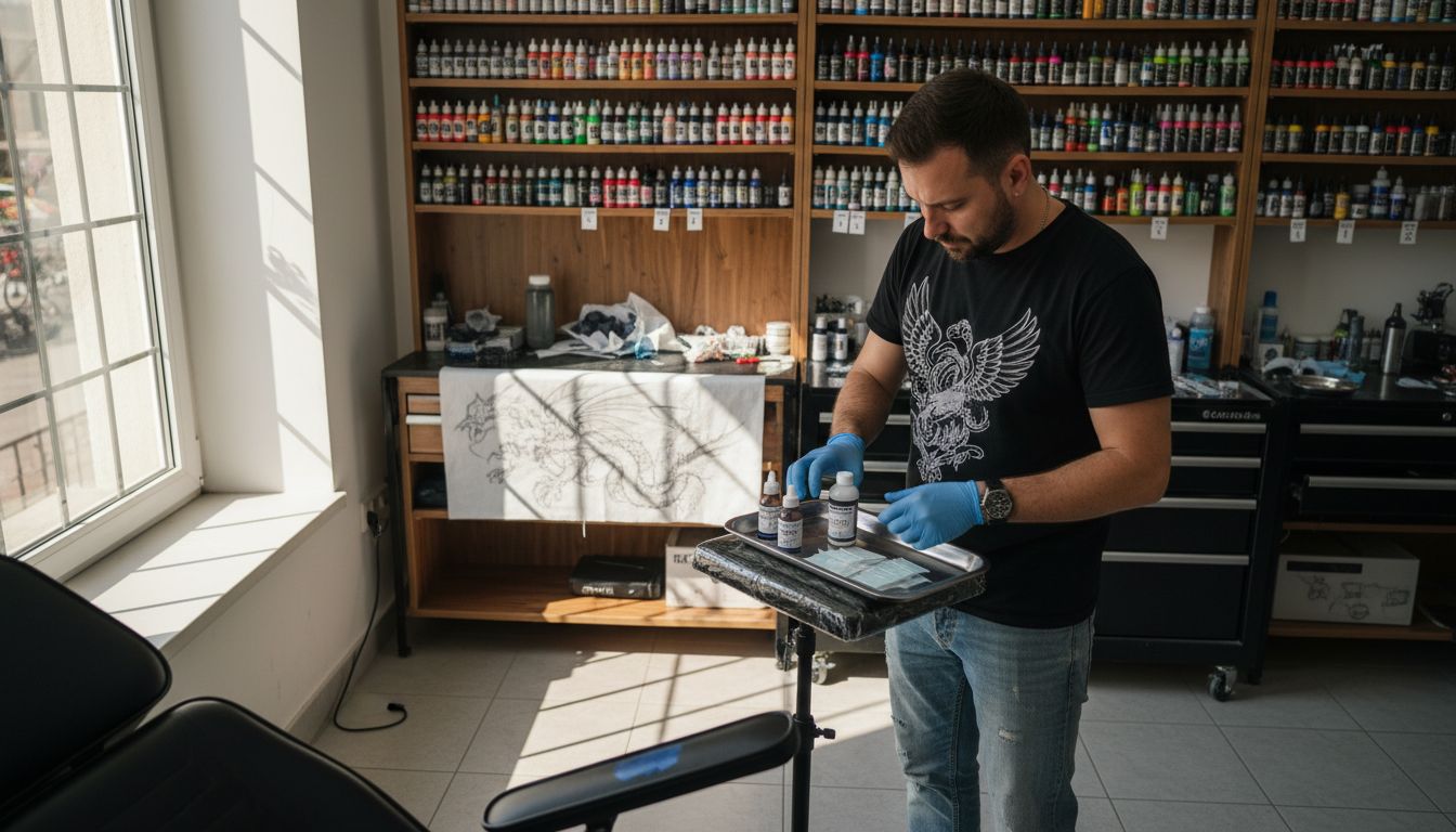 Tatér si pred začiatkom tetovania pripravuje anestetikum.